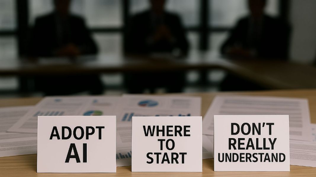 Three signs on a table read “ADOPT AI,” “WHERE TO START,” and “DON’T REALLY UNDERSTAND,” with documents and blurred people sitting in the background, suggesting uncertainty about adopting artificial intelligence.