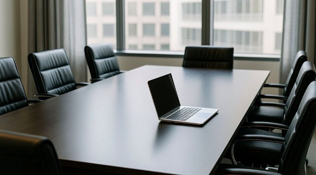 A modern conference room with a long wooden table, black leather chairs, and a laptop open on the table, with large windows showing office buildings outside.