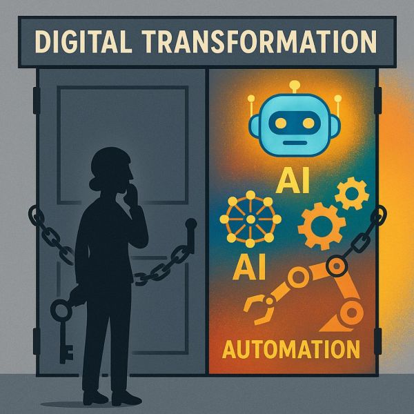 Illustration of a locked door labelled Digital Transformation, with a person holding a key. Behind the door are icons representing AI, automation, and technology, including a robot face and gears.