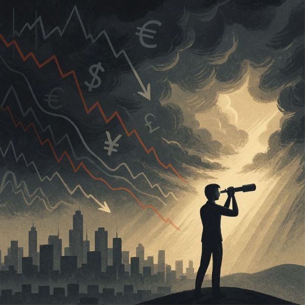 A person with a telescope stands on a hill overlooking a city skyline under dark clouds, with downward-trending currency symbols (€ $ ¥ £) and arrows, suggesting economic decline or financial uncertainty. Light breaks through the clouds ahead.
