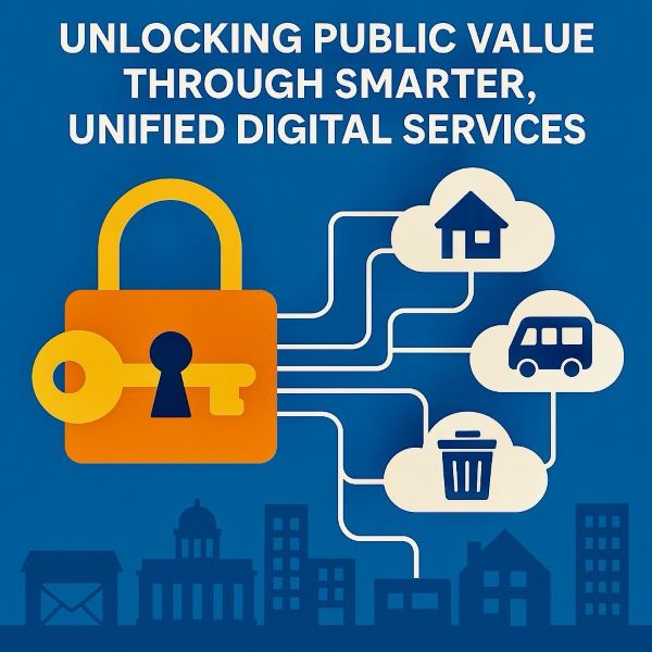 A large orange padlock and key connect to cloud icons showing a house, bus, and rubbish bin, above city buildings. Text reads: Unlocking public value through smarter, unified digital services.