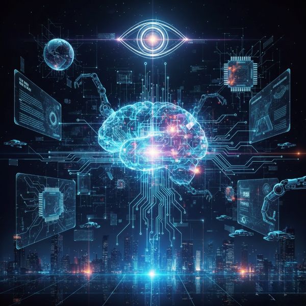 A glowing digital brain is surrounded by circuits, screens, and robotic arms above a futuristic city, symbolising artificial intelligence, technology, and data processing in a high-tech environment.