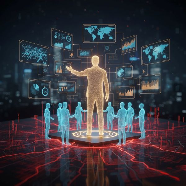 A glowing digital figure stands on a platform surrounded by smaller holographic figures, with floating screens displaying charts, graphs, and world maps in a futuristic, high-tech city environment.