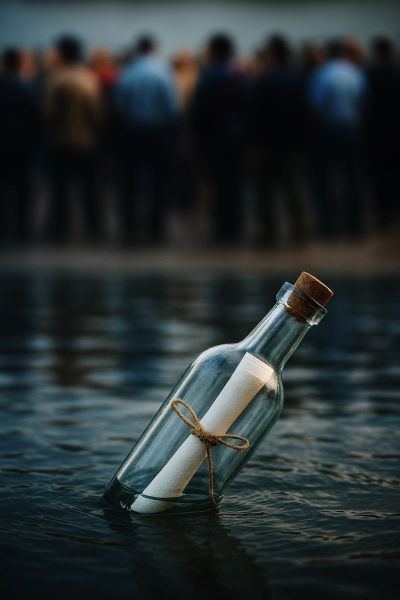 A glass bottle with a rolled paper inside, sealed with a cork and tied with string, floats in water. In the blurred background, a group of people stands on the shore.