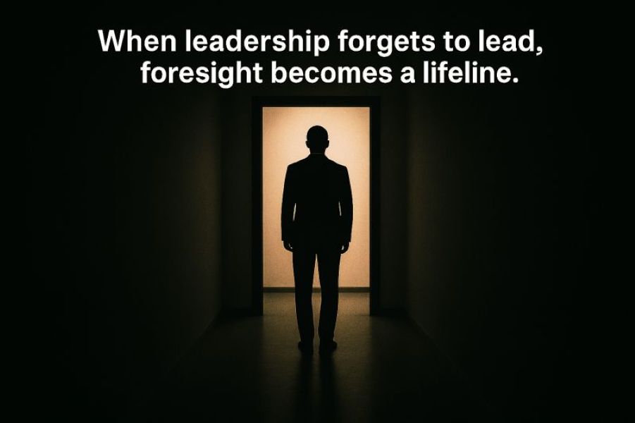 Silhouette of a person standing in a dark corridor facing a bright doorway, with the text: When leadership forgets to lead, foresight becomes a lifeline. displayed above.