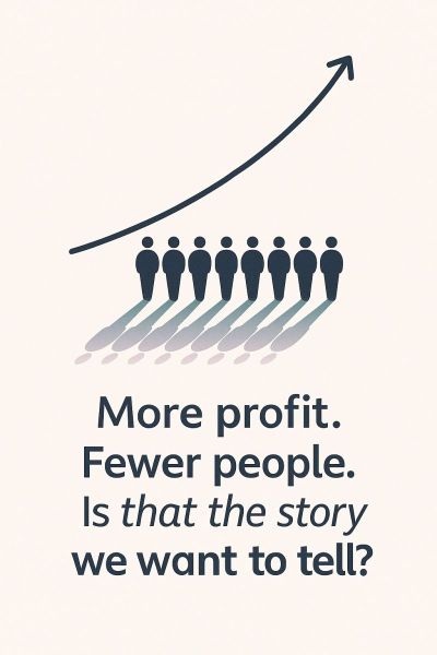 A rising arrow points upwards above a row of seven human figures. Below, text reads: More profit. Fewer people. Is *that* the story we want to tell?.
