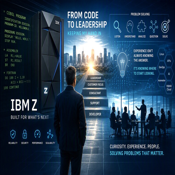 A man in a suit stands before an IBM Z mainframe, viewing a city skyline. Infographics about leadership, career paths, and IBM Z features surround him, highlighting reliability, security, scalability, and technology skills.